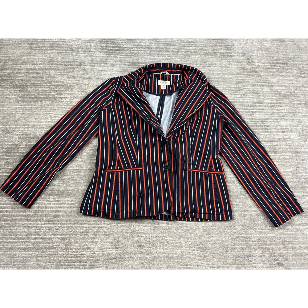 Talbots Blazer Womens 12 Navy Blue Red White Striped Stretch Cotton 2 Button